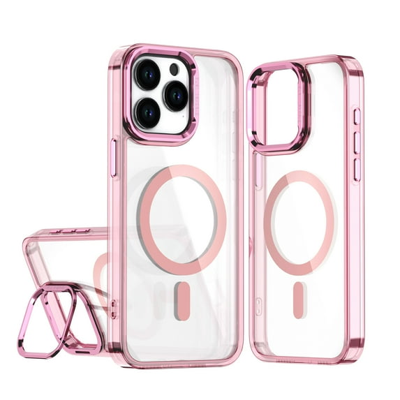 Allytechgroup Magnetic Case for iPhone 14 Plus, Clear Case with Kickstand Anti Yellowing Hard PC Support Wireless Charging Shockproof Back Cover For Apple iPhone 14 Plus, Pink