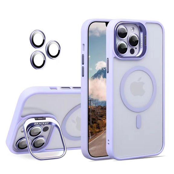 Allytechgroup Magnetic Case for iPhone 14 Plus Phone with Aluminum Alloy Stand/Metal Buttons/Camera Lens Protector [Compatible with MagSafe] Anti-Yellow Translucent Matte Clear Back Cover, Lightpurple