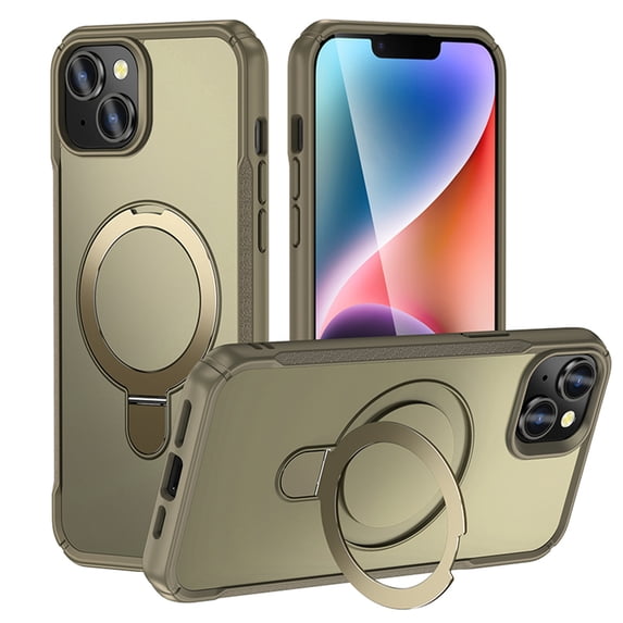 Allytechgroup Magnetic Case for iPhone 14 Pro with Stand, Built-in Ring Holder Support Wireless Chagring Hard PC Rugged Heavy Duty Durable Cover Case Shockproof Protective, Khaki