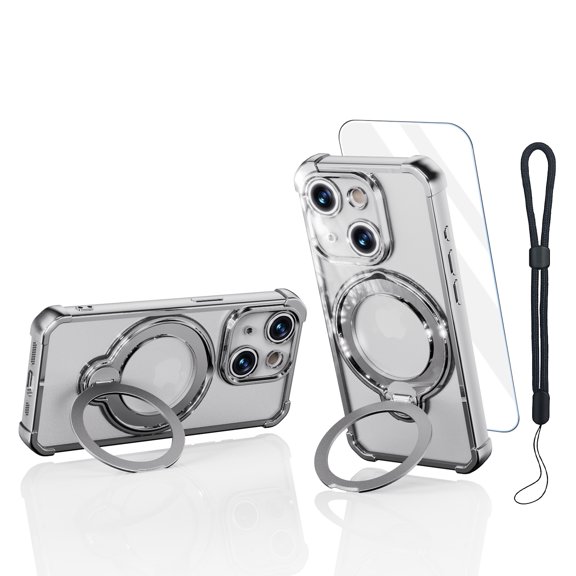 Allytechgroup Magnetic Case for iPhone 14 with Screen Protector & Lanyard, Shockproof Protective Cover with Ring Stand Compatible with Magsafe, Silver