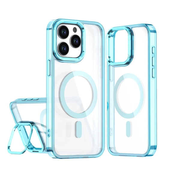Allytechgroup Magnetic Case for iPhone 15, Clear Case with Kickstand Anti Yellowing Hard PC Support Wireless Charging Shockproof Back Cover For Apple iPhone 15, Blue