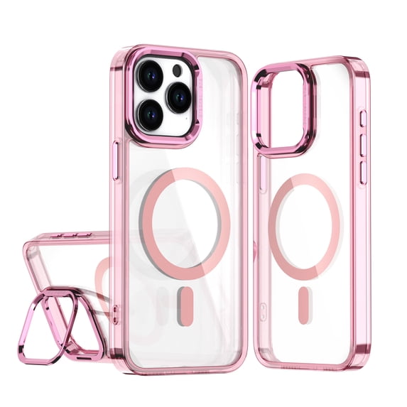 Allytechgroup Magnetic Case for iPhone 15, Clear Case with Kickstand Anti Yellowing Hard PC Support Wireless Charging Shockproof Back Cover For Apple iPhone 15, Pink