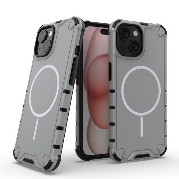 Allytechgroup Magnetic Case for iPhone 15, Hard PC Soft TPU Rugged Heavy Duty Durable Cover Case Support Wireless Charging Shockproof Protective Back Cover for iPhone 15, Lightgray