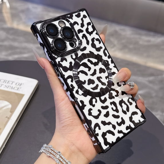 Allytechgroup Magnetic Case for iPhone 15 Pro with Camera Lens Protector, Compatible with Mag-safe Bold Leopard Print Design Shockproof Protective Back Cover for iPhone 15 Pro, White