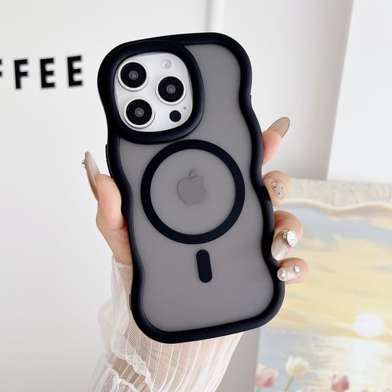 Allytechgroup Magnetic Case for iPhone 15 Pro, Support Wireless Charging Curly Wave Frame Hard PC Soft TPU Shockproof Protective Back Cover Bumper for Women Men, Black