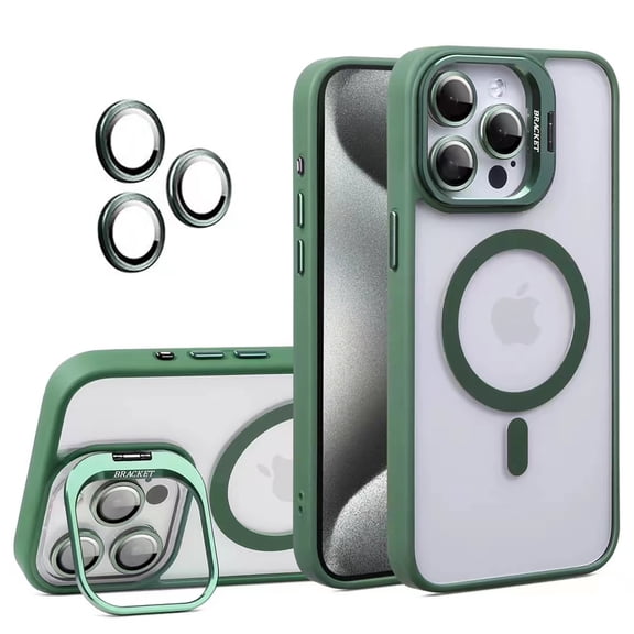 Allytechgroup Magnetic Case for iPhone 16 Phone with Aluminum Alloy Stand & Metal Buttons & Camera Lens Protector [Compatible with MagSafe] [Anti-Yellow] Translucent Matte Clear Back Cover, Darkgreen