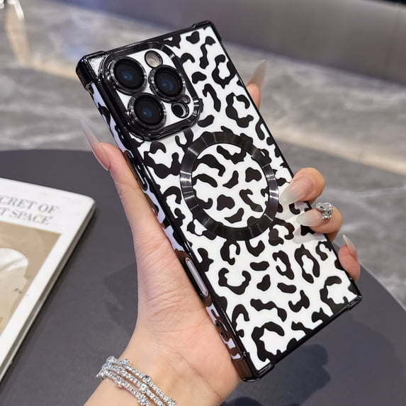Allytechgroup Magnetic Case for iPhone 16 with Camera Lens Protector, Compatible with Mag-safe Bold Leopard Print Design Shockproof Protective Back Cover for iPhone 16, White