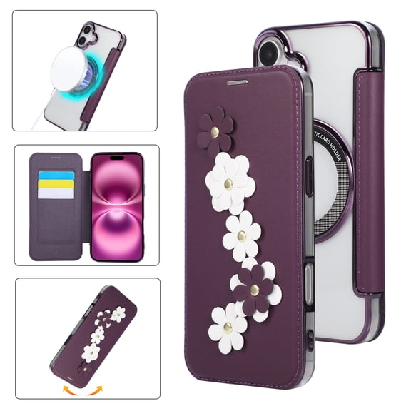 Allytechgroup Magnetic Case for iPhone 16 Plus, Buikt-in Card Holder RFID Blocking PU Leahter Rugged Support Wireless Charging Slim Lightweight Shockproof Bumper for Women Girls, Purple