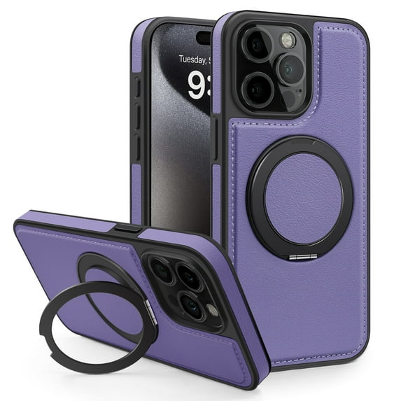 Allytechgroup Magnetic Case for iPhone 16 Plus, Built-in Invisible 360° Rotatable Kickstand, Compatible with MagSafe, PU Leather Slim Shockproof Protective Phone Case Cover, Purple
