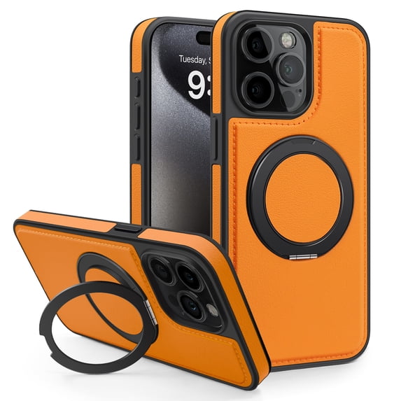 Allytechgroup Magnetic Case for iPhone 16 Plus, Built-in Invisible 360° Rotatable Kickstand, Compatible with MagSafe, PU Leather Slim Shockproof Protective Phone Case Cover, Orange
