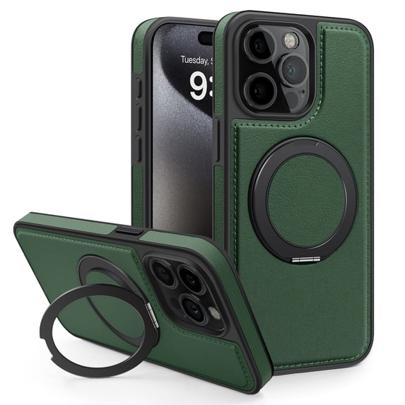 Allytechgroup Magnetic Case for iPhone 16 Plus, Built-in Invisible 360° Rotatable Kickstand, Compatible with MagSafe, PU Leather Slim Shockproof Protective Phone Case Cover, Darkgreen