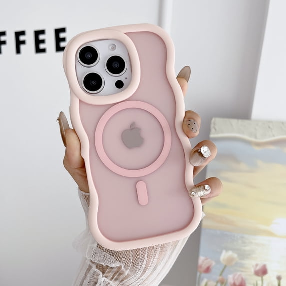 Allytechgroup Magnetic Case for iPhone 16 Plus, Support Wireless Charging Curly Wave Frame Hard PC Soft TPU Shockproof Protective Back Cover Bumper for Women Men, Pink