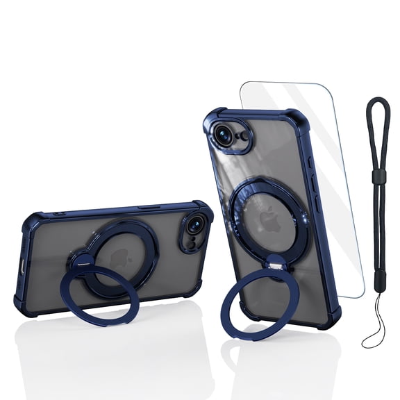 Allytechgroup Magnetic Case for iPhone 16e/ 17e with Screen Protector & Lanyard, Shockproof Protective Cover with Ring Stand Compatible with Magsafe, Darkblue