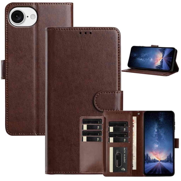 Allytechgroup Magnetic Case for iPhone 16e/ iPhone 17e, PU Leather Wallet Case with Card Holder Slim Lightweight Anti-Fingerprint Non-Slip Shockproof Bumper for iPhone 16e/ iPhone 17e, Brown