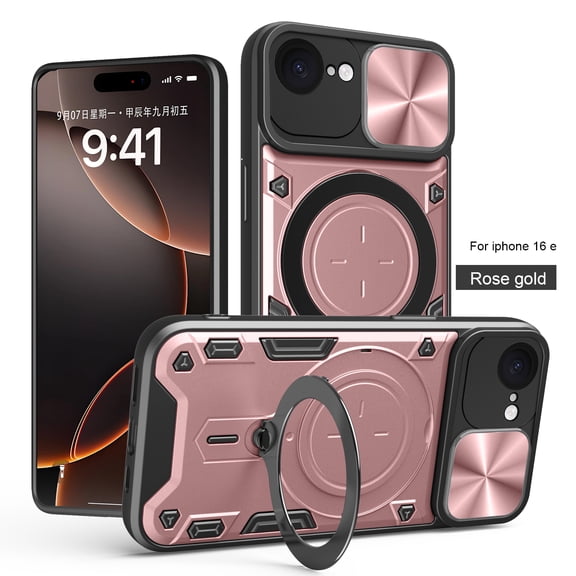 Allytechgroup Magnetic Case for iPhone 16e, Slide Camera Cover Camera Lens Protector Ring Kickstand Military Grade Shockproof Rugged Hybrid Case for iPhone 16e, Pink