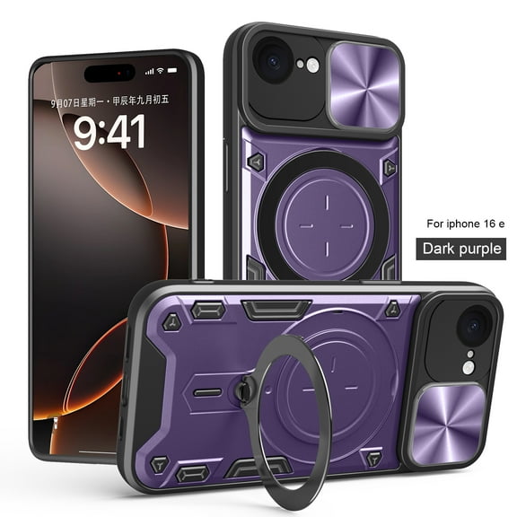 Allytechgroup Magnetic Case for iPhone 16e, Slide Camera Cover Camera Lens Protector Ring Kickstand Military Grade Shockproof Rugged Hybrid Case for iPhone 16e, Purple