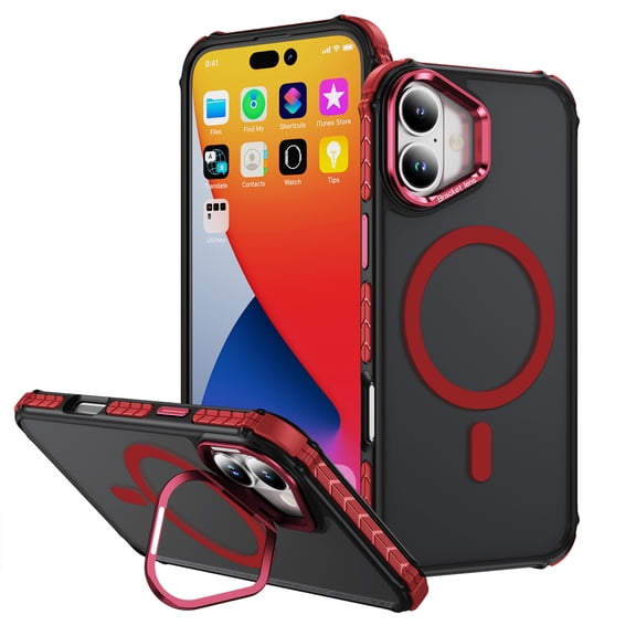 Allytechgroup Magnetic Case for iPhone 17 with Camera Lens Kickstand, Support Wireless Charging Cover Phone Holder for Desk Meeting/Videos Matte Shockproof Back Cover Shell, Red
