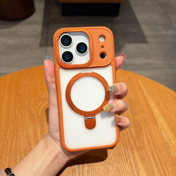 Allytechgroup Magnetic Case for iPhone 17 Pro, Slim Fit With Ring Holder Stand Translucent Wireless Charging Anti-Scratch Bumper Drop Protection Phone Case Cover for Women Men, Orange