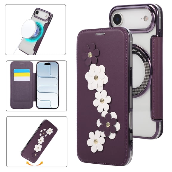 Allytechgroup Magnetic Case for iPhone Air, Buikt-in Card Holder RFID Blocking PU Leahter Rugged Support Wireless Charging Slim Lightweight Shockproof Bumper for Women Girls, Purple