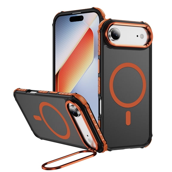 Allytechgroup Magnetic Case for iPhone Air with Camera Lens Kickstand, Support Wireless Charging Cover Phone Holder for Desk Meeting/Videos Matte Shockproof Back Cover Shell, Orange