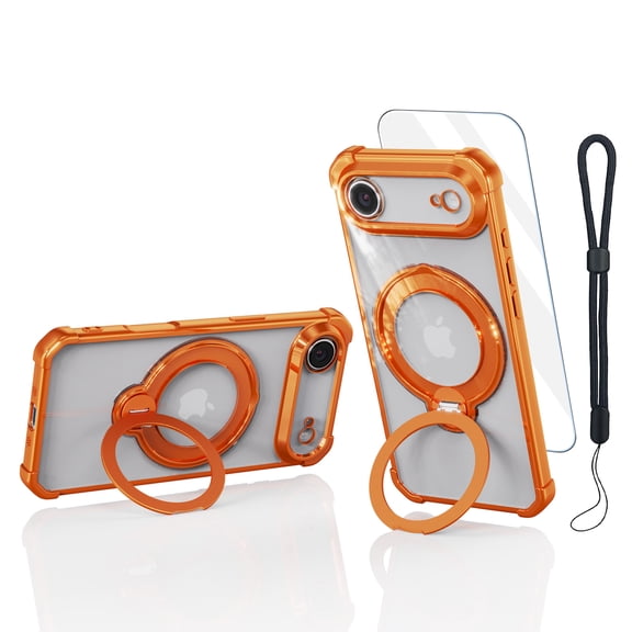 Allytechgroup Magnetic Case for iPhone Air with Screen Protector & Lanyard, Shockproof Protective Cover with Ring Stand Compatible with Magsafe, Orange