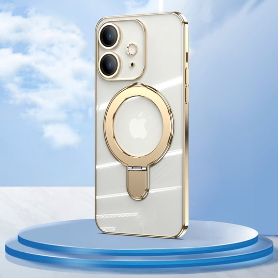 Allytechgroup Magnetic Clear Back Cover for Apple iPhone 14 Plus, Compatible with Magsafe Anti-Yellow Kickstand Case, Gold