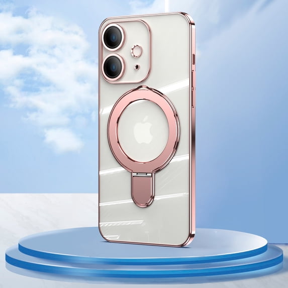 Allytechgroup Magnetic Clear Back Cover for Apple iPhone 14 Plus, Compatible with Magsafe Anti-Yellow Kickstand Case, Rosegold