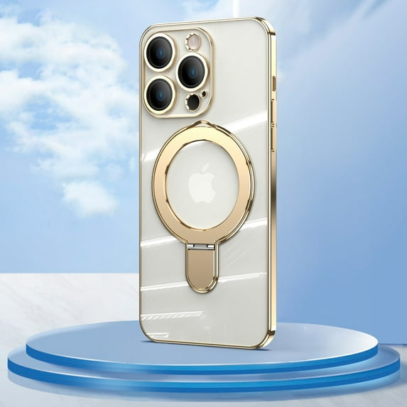 Allytechgroup Magnetic Clear Back Cover for Apple iPhone 15 Pro Max, Compatible with Magsafe Anti-Yellow Kickstand Case, Gold