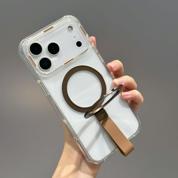 Allytechgroup Magnetic Clear Case for iPhone 17 Pro, with Ring Holder Kickstand /Finger Loop Strap  [Compatible with Magsafe] Slim Lightweight Stand Anti-Yellow Soft TPU Back Shockproof Cover, Gold