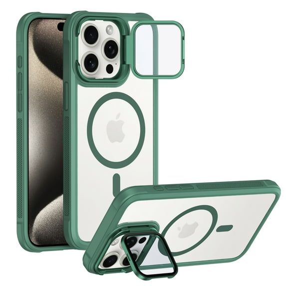 Allytechgroup Magnetic Clear Phone Case for Apple iPhone 16 Pro Max, Shockproof Anti-Yellow Camera Lens Kickstand Compatible with MagSafe and Car Mount Anti-Scratch Magnetic Case for Women Men, Green