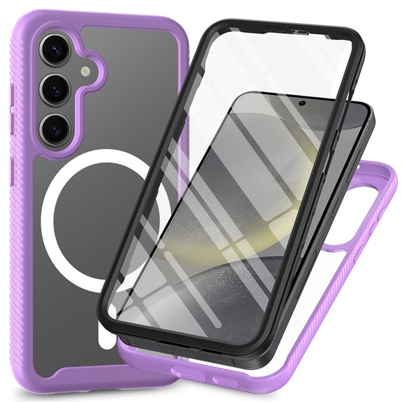 Allytechgroup Magnetic Compatible with Phone Case for Samsung Galaxy S25+, with Build in Screen Protector Clear Transparent Not-Yellowing Back Cover Case for Samsung Galaxy S25+, Purple
