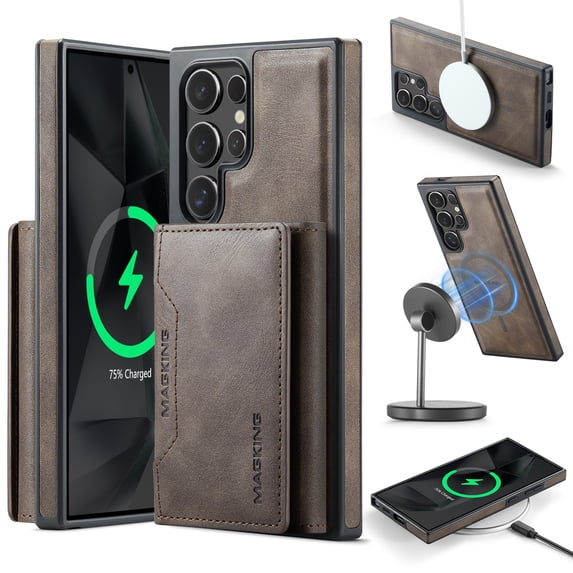 Allytechgroup Magnetic Compatible for Samsung Galaxy S25 Ultra Wallet Case, Detachable Cards Holder Wireless Charing Support Shockproof Protective Phone Cover for Samsung Galaxy S25 Ultra, Coffee