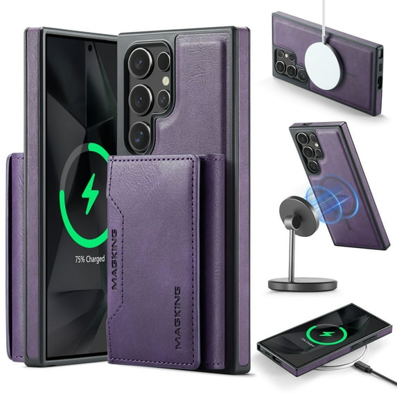 Allytechgroup Magnetic Compatible for Samsung Galaxy S25 Ultra Wallet Case, Detachable Cards Holder Wireless Charing Support Shockproof Protective Phone Cover for Samsung Galaxy S25 Ultra, Purple