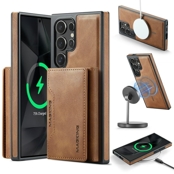Allytechgroup Magnetic Compatible for Samsung Galaxy S25 Ultra Wallet Case, Detachable Cards Holder Wireless Charing Support Shockproof Protective Phone Cover for Samsung Galaxy S25 Ultra, Brown