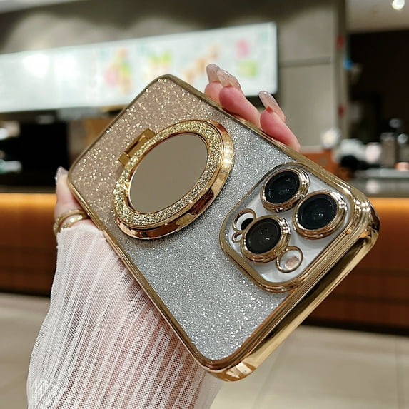 Allytechgroup Magnetic Compatible with iPhone 13 with Camear Lens Protector, Bling Phone Case with Kickstand Compatible with Magsafe for Women Girls Shockproof Protective Back Cover, Gold