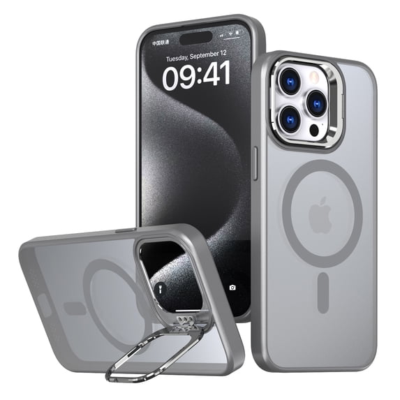 Allytechgroup Magnetic Compatible with iPhone 15 Pro Case, Compatible with Magsafe Camera Lens Kickstand Shockproof Protective Back Cover for iPhone 15 Pro, Grey