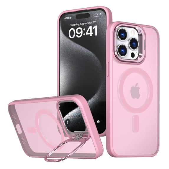 Allytechgroup Magnetic Compatible with iPhone 15 Pro Case, Compatible with Magsafe Camera Lens Kickstand Shockproof Protective Back Cover for iPhone 15 Pro, Pink