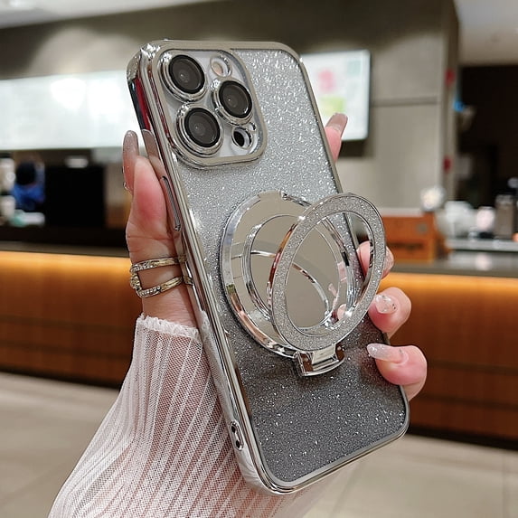 Allytechgroup Magnetic Compatible with iPhone 15 Pro Max with Camear Lens Protector, Bling Phone Case with Kickstand Compatible with Magsafe for Women Girls Shockproof Protective Back Cover, Silver