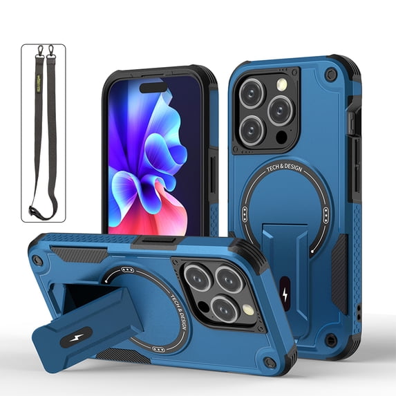 Allytechgroup Magnetic Compatible with iPhone 16 Case, Support Wireless Charging Kickstand Military Grade Shockproof Back Cover with Long Detachable Strap for Women Men, Darkblue