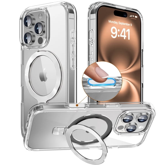 Allytechgroup Magnetic Compatible for iPhone 16 Pro Max with Stand, 360° Rotatable Ring Holder Kickstand Support Wireless Charging Military Grade Drop Protection for Apple iPhone 16 Pro Max, Silver