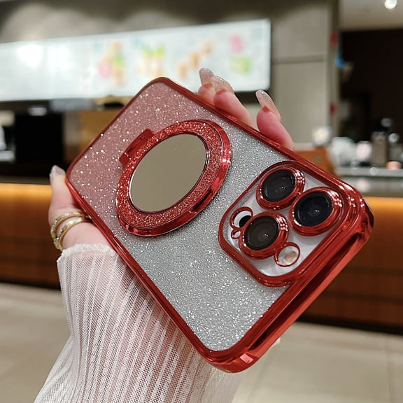 Allytechgroup Magnetic for iPhone 8 Plus/7 Plus with Camear Lens Protector, Bling Phone Case with Kickstand Compatible with Magsafe for Women Girls Shockproof Protective Back Cover, Red