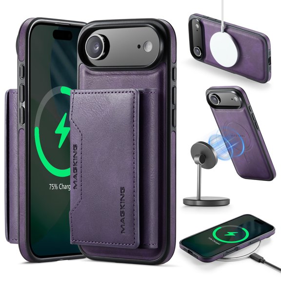Allytechgroup Magnetic Compatible with iPhone Air Wallet Case, Detachable Cards Holder Wireless Charing Support Shockproof Protective Phone Cover for iPhone Air, Purple