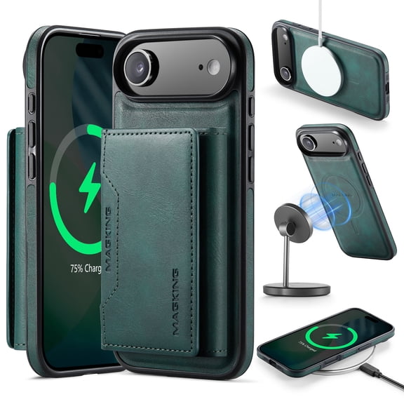 Allytechgroup Magnetic Compatible with iPhone Air Wallet Case, Detachable Cards Holder Wireless Charing Support Shockproof Protective Phone Cover for iPhone Air, Green