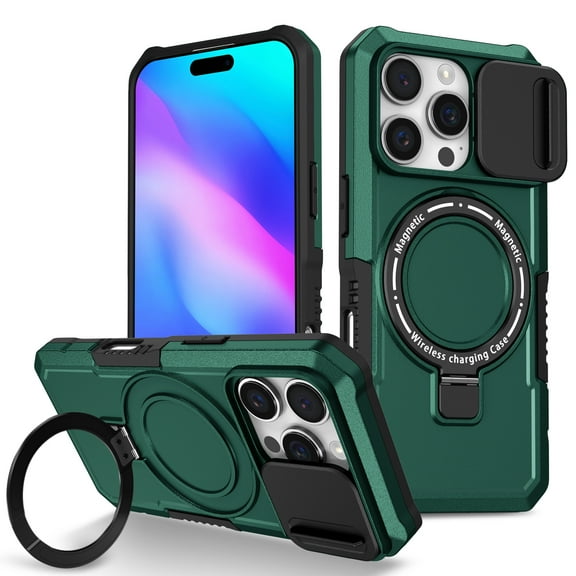 Allytechgroup Magnetic For iPhone 15 Pro Max Case with Ring, [1x Screen Protector] [Slide Camera Cover] Military Grade Drop Protection Back Cover For iPhone 15 Pro Max, Darkgreen