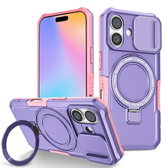 Allytechgroup Magnetic For iPhone 16 Plus Case with Ring, [1x Screen Protector] [Slide Camera Cover] Military Grade Drop Protection Back Cover For iPhone 16 Plus, Purple