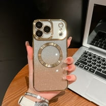 Allytechgroup Magnetic Glitter Case for iPhone 17 Pro Max,  [Compatible with MagSafe] Plating Transparent Slim Soft TPU Back Shockproof Cover with Gradient Bling Sparkly Paper for Women Girls, Gold
