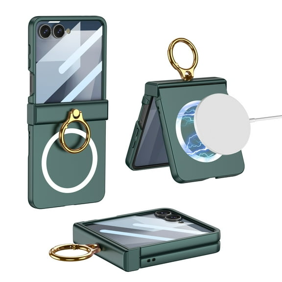 Allytechgroup Magnetic Ring Case for Samsung Galaxy Z Flip 7 FE/ 6, Fashion Slim Lightweight Shockproof Cover With Kickstand Anti-Scratch Tempered Glass Back Wireless Charging Support, Darkgreen