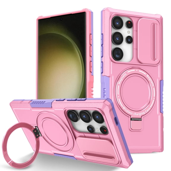 Allytechgroup Magnetic For Samsung Galaxy S23 Ultra Case with Ring, [1x Screen Protector] [Slide Camera Cover] Military Grade Drop Protection Back Cover For Samsung Galaxy S23 Ultra, Pink