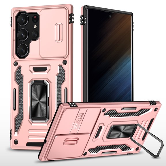 Allytechgroup Magnetic for Samsung Galaxy S25+ Case with Stand, Military Grade Shockproof Bumper Kickstand Sliding Camera Lens Protector Rugged Bumper Phone Case for Women Men, Rosegold