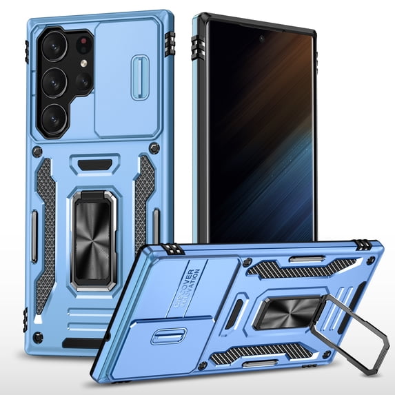 Allytechgroup Magnetic for Samsung Galaxy S25 Case with Stand, Military Grade Shockproof Bumper Kickstand Sliding Camera Lens Protector Rugged Bumper Phone Case for Women Men, Lightblue